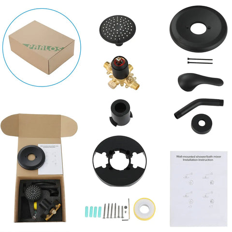 Components of Shower Faucet With Valve Single Handle Trim Kit And 5 Spray Modes Shower Head Wall Mounted System unpacked