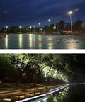 Heavy Duty 200W LED Flood Light With Tough As Nails Waterproof Housing illuminating a basketball court and pathway at night.
