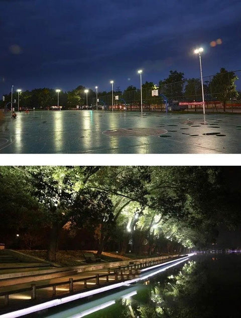 Heavy Duty 200W LED Flood Light With Tough As Nails Waterproof Housing illuminating a basketball court and pathway at night.