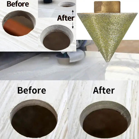Diamond Beveling Chamfer Bit For Holes In Marble Glass Ceramic Tile And Granite 1-7/8 Inch Diamond Cutter results before after