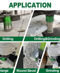 Kurstol 11 Piece Diamond Tile Hole Saw Kit With Beveling Bit And Cutting Disc For Porcelain Ceramic Granite Marble Heavy Duty Vacuum Brazed Core Drill Bits Easy To Use demonstrated in multiple applications including drilling and grinding.