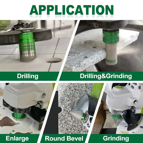 Kurstol 11 Piece Diamond Tile Hole Saw Kit With Beveling Bit And Cutting Disc For Porcelain Ceramic Granite Marble Heavy Duty Vacuum Brazed Core Drill Bits Easy To Use demonstrated in multiple applications including drilling and grinding.