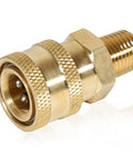 Brass pressure washer fitting, 1/4 in male NPT to 1/4 in quick-connect socket, knurled hex nut, side view