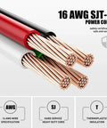 Close-up view of 16 AWG SJT-3 power cord with copper wires and insulation layers.