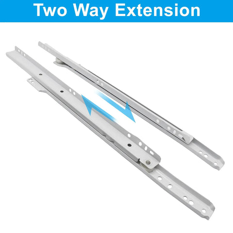 One Pair 14 Inch White Drawer Slides Heavy Duty Cold Rolled Steel Cabinet Tracks With Nylon Rollers showing two-way extension mechanism.