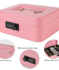 Steel Cash Box Safe With Combination Lock Pink Money Safe Box With Removable Coin Tray Medium Size 7.87 By 6.30 By 3.54 Inches Durable Steel Construction shown with open tray