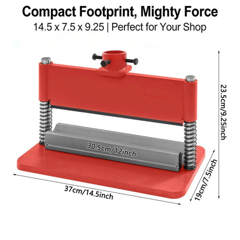 Heavy Duty Press Brake Attachment For 12 To 20 Ton Hydraulic Shop Presses With 12 Inch Bending Length And 3 Sixteenth Inch Thickness Capacity Dual Spring Design For Metal Sheets And Complex Shapes Forming Red, front view.