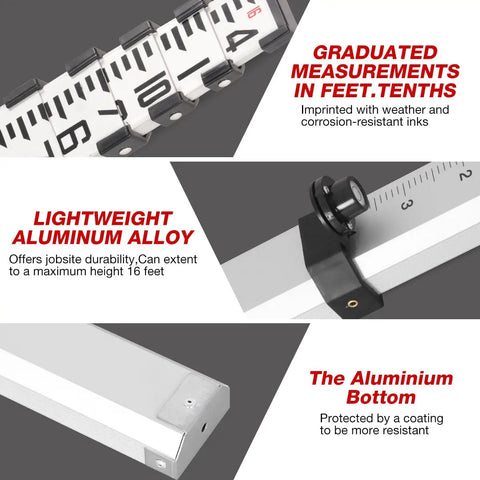 16 Foot Aluminum Leveling Rod With 5 Section Telescopic Design Dual Sided Feet And Tenths Scale Bubble Level With Carrying Case For Surveying Laser Alignment Walls And Floors Waterproof And Rustproof, aluminum leveling rod sections and feet