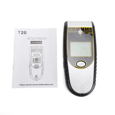 Hyuduo Digital Stud Finder Wall Scanner 7-in-1 (Silver) with user manual beside it, showing digital display and depth markings.