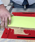 Using Heavy Duty Router Lift Kit And Flip Plate Insert With Smooth Height Tuning For 65 mm Motor Bodies on workshop table.