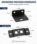 Engineering diagrams of Beefy Heavy Duty Stainless Steel Furniture Bracket Set 2 In 1 Locking Corner Connectors with screws