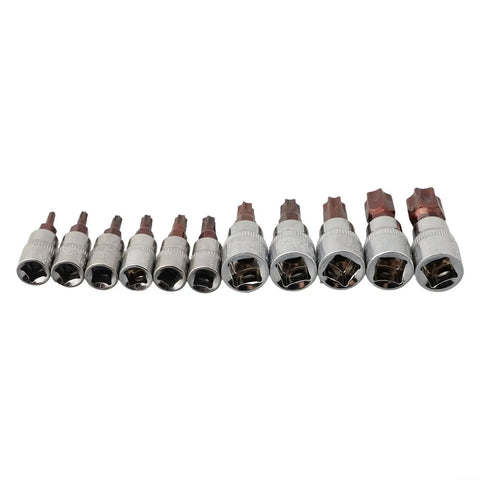 Top Tier 11 Piece Torx Bit Socket Set With T10 To T60 Chrome Vanadium Steel Driver Bits For Tough Automotive Repairs And Heavy Mechanical Maintenance Work Using Both Inch Drive Sizes. 11-piece chrome vanadium Torx bit socket set, sizes T10 to T60, on white background