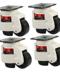 Heavy Duty Swivel Casters For Furniture And Workbenches, Adjustable Leveling Wheels Crafted From Rock Solid Nylon And Steel To Deliver Smooth Rolling, featuring four swivel casters with aluminum plates.