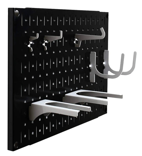 Modular Black Pegboard Wall Organizer Tiles Set Four 12 Inch Tall By 16 Inch Wide Metal Pegboard Panels For Garage And Workshop Storage