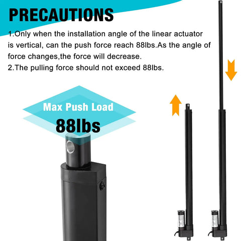 Image displaying Six Inch High Speed Linear Actuator with instructions on 88lbs max load capacity, showing extended and retracted positions.