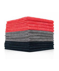 All-Purpose Microfiber Cleaning Towels Pack 12, 16x16 Inches, 300gsm, Highly Absorbent, Lint-Free and Streak-Free, Red Grey Black