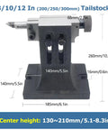 8/10/12 inch tailstock for dual hand manual rotary indexing table for milling machines, shown with dimensions and details.