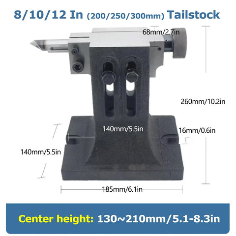 8/10/12 inch tailstock for dual hand manual rotary indexing table for milling machines, shown with dimensions and details.