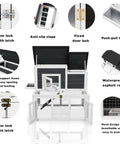 Diagram of outdoor wooden chicken coop for 2 to 4 chickens with waterproof asphalt roof, showing features like ramp, doors, and tray.