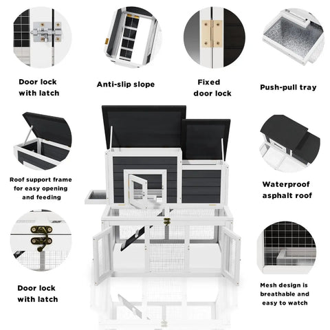Diagram of outdoor wooden chicken coop for 2 to 4 chickens with waterproof asphalt roof, showing features like ramp, doors, and tray.