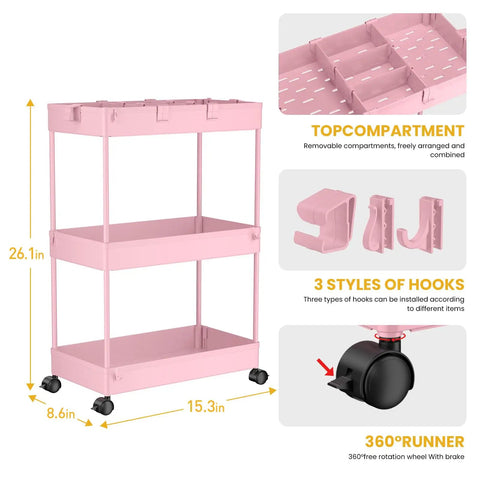 Three Tier Rolling Cart With Wheels Storage Organizer With Casters 3 Hanging Baskets Easy Assembly Perfect For Kitchen Office Living Room Laundry Pink