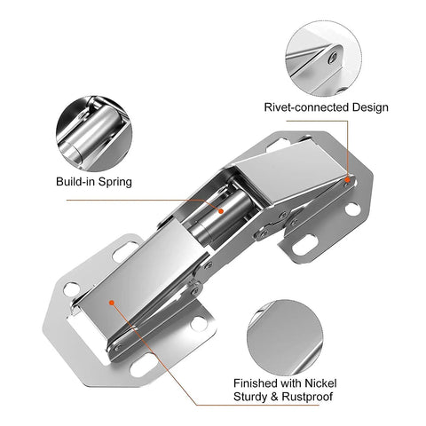 Frameless Cabinet Hidden Hinges 90 Degree No Fuss Quick Install 8 Pack, nickel finish, close-up of rivet and spring design