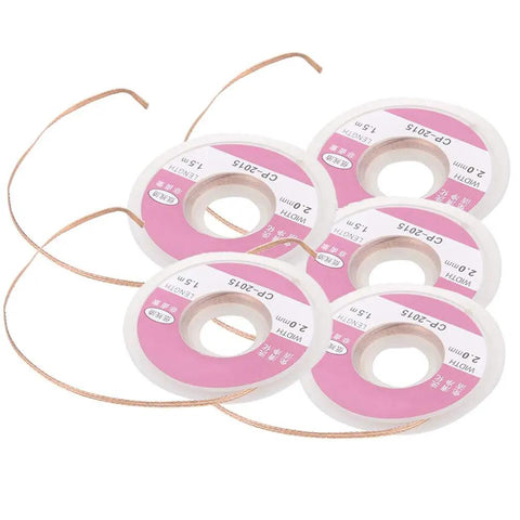 Five rolls of Premium Solder Wick Desoldering Braid Copper Wire 2mm Width 1.5 Meter Length Ideal For PCB Repair And Electronics Maintenance 5 Pack Pro Grade Soldering Tool