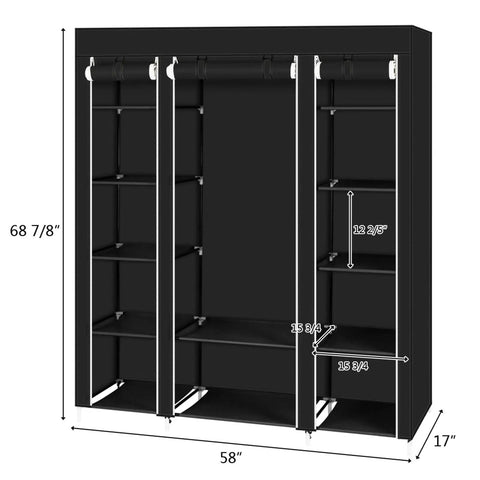 69 Inch Portable Clothes Closet With Industrial Strength Steel Frame And Thick Nonwoven Fabric Cover Quick No Sweat Setup Hella Roomy Multi Shelf Wardrobe Storage Organizer For Shoes And Hanging Apparel Black dimensions and design layout.