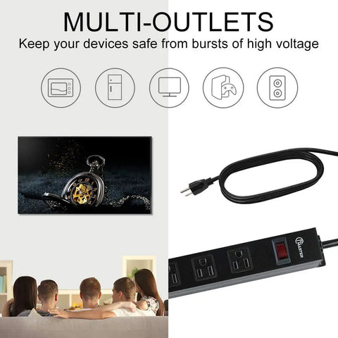 Beefy Aluminum Wall Mount Power Strip With Six Outlets And Long Ten Foot Cord, 14 AWG, shown with black metal socket in use