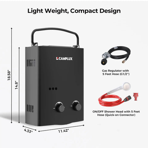 Black portable outdoor propane tankless water heater AY132B, 1.32 GPM, with gas regulator and shower head, lightweight design