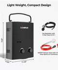 Outdoor Propane Tankless Water Heater 5L with 1.32 GPM On Demand Hot Water Adjustable Temp and Flow Portable Shower System for Camping RV Tailgating AY132B Black, shown with gas regulator and shower head accessories.