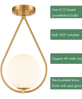 Industrial Mid Century Modern Brass Semi Flush Mount Ceiling Light With Opal Milk Glass Globe Fixture For Living Room Hallway Or Dining Area Retro Industrial Vibe, E12 base.