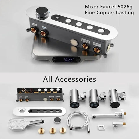Hidden Wall Mounted Shower System With Led Digital Display And Waterfall Rain Head Matte White Slick Embedded Design Smooth Operation showing Mixer Faucet 5026g with accessories.