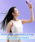 Woman using Mini Portable Fan 3 Pack Pocket Sized Handheld Battery Operated Personal Fans With 3 Speeds USB Rechargeable Eyelash Style