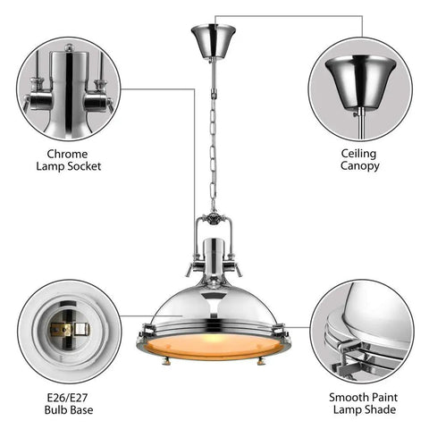 Industrial Nautical Style Pendant Light With Frosted Diffuser In Chrome 15.75 Inch Wide Single Pendant Lamp detail view
