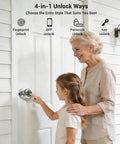 No Sweat Fingerprint Smart Door Knob Lock With Nifty Keypad And Phone App Control For Quick Everyday Access And Locked Down Home Security In Fresh Bright Silver Finish with user interacting.