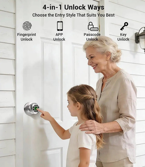 No Sweat Fingerprint Smart Door Knob Lock With Nifty Keypad And Phone App Control For Quick Everyday Access And Locked Down Home Security In Fresh Bright Silver Finish with user interacting.