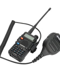 Beefy Handheld Ham Radio Microphone With IP54 Waterproof Rugged Speaker Mic, shown with Baofeng UV-5R radio and coiled wire
