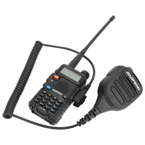 Beefy Handheld Ham Radio Microphone With IP54 Waterproof Rugged Speaker Mic, shown with Baofeng UV-5R radio and coiled wire