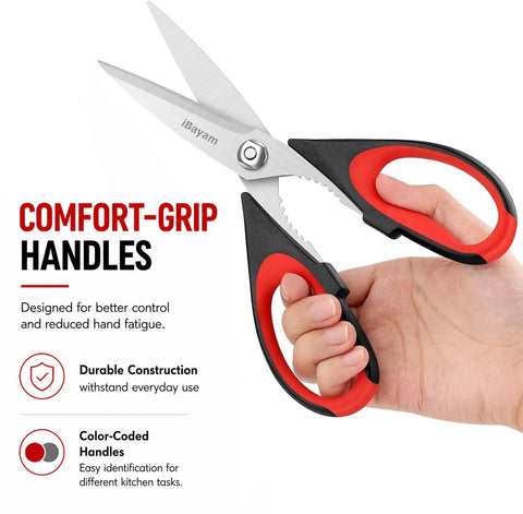 Three Pack 8.7 Inch Kitchen Scissors All Purpose Heavy Duty Shears With Sheath For Food Prep Meat Poultry Fish Veggies Seafood And More Tough As Nails Razor Sharp Multi Use Kitchen Tools For Home Camp And RV, comfort-grip handles