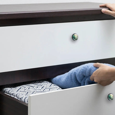 Drawer with Sleek Glass And ABS Square Cabinet Knobs in Green Marble Texture with Black Hardware and Stainless Steel Screws 1.37 Inch