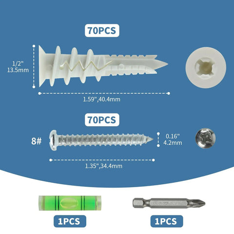 Heavy Duty Self Drilling Drywall Anchor Screw Kit For Sheetrock Mounting Rock Solid Seventy Five Pound Hold One Forty Piece Assortment Box with 70 nylon sleeves and screws.