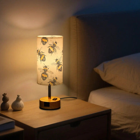 Bee Watercolor White Decor Bedside Table Lamp With 3 Way Dimmable Touch Control And Built In Charging Station on nightstand