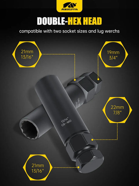 Double-hex head tools with dimensions, part of 8 Piece Pro Grade Spline Lug Nuts Socket Set With Locking Nut Removal Tool Kit