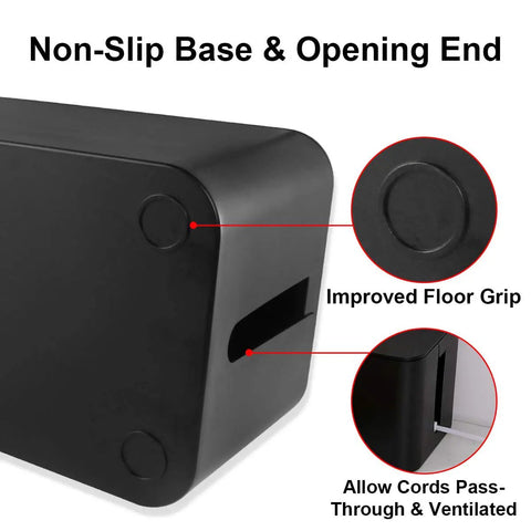 Three Pack Cable Management Box For Desk Large Medium Small Cord Organizer To Hide Power Strips And Wires Under TV And Computer No More Cable Mess Pet Safe Under Desk Black with non-slip base and opening end.