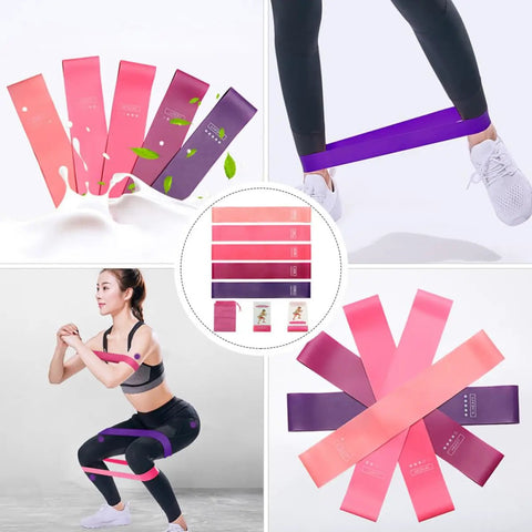 Five Piece Yoga Resistance Bands Set Foldable Silicone Bands With Strong Load Bearing For Gym Workouts shown in various colors