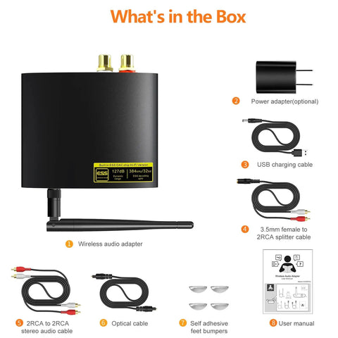 Bluetooth 5.3 Receiver For Home Stereo With LDAC And Built In DAC, Wireless HiFi Audio Adapter box contents including cables and adapter
