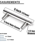 5 Pack 3 Inch Polished Chrome Cabinet Pulls Euro T Bar Stainless Steel Kitchen and Dresser Hardware With 3 Inch Hole Centers And 5 Inch Total Length measurements with screws