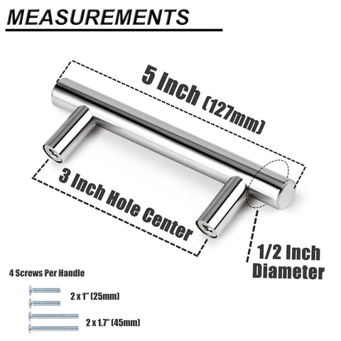 5 Pack 3 Inch Polished Chrome Cabinet Pulls Euro T Bar Stainless Steel Kitchen and Dresser Hardware With 3 Inch Hole Centers And 5 Inch Total Length measurements with screws