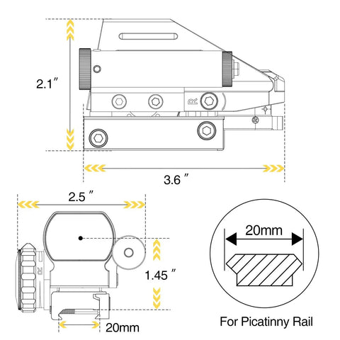 Technical diagram of 1x22x33 Reflex Sight with Red and Green Dot Reticle, 4 Reticle Modes, 2mW Red Laser, Rugged Aluminum Build for Rifles.